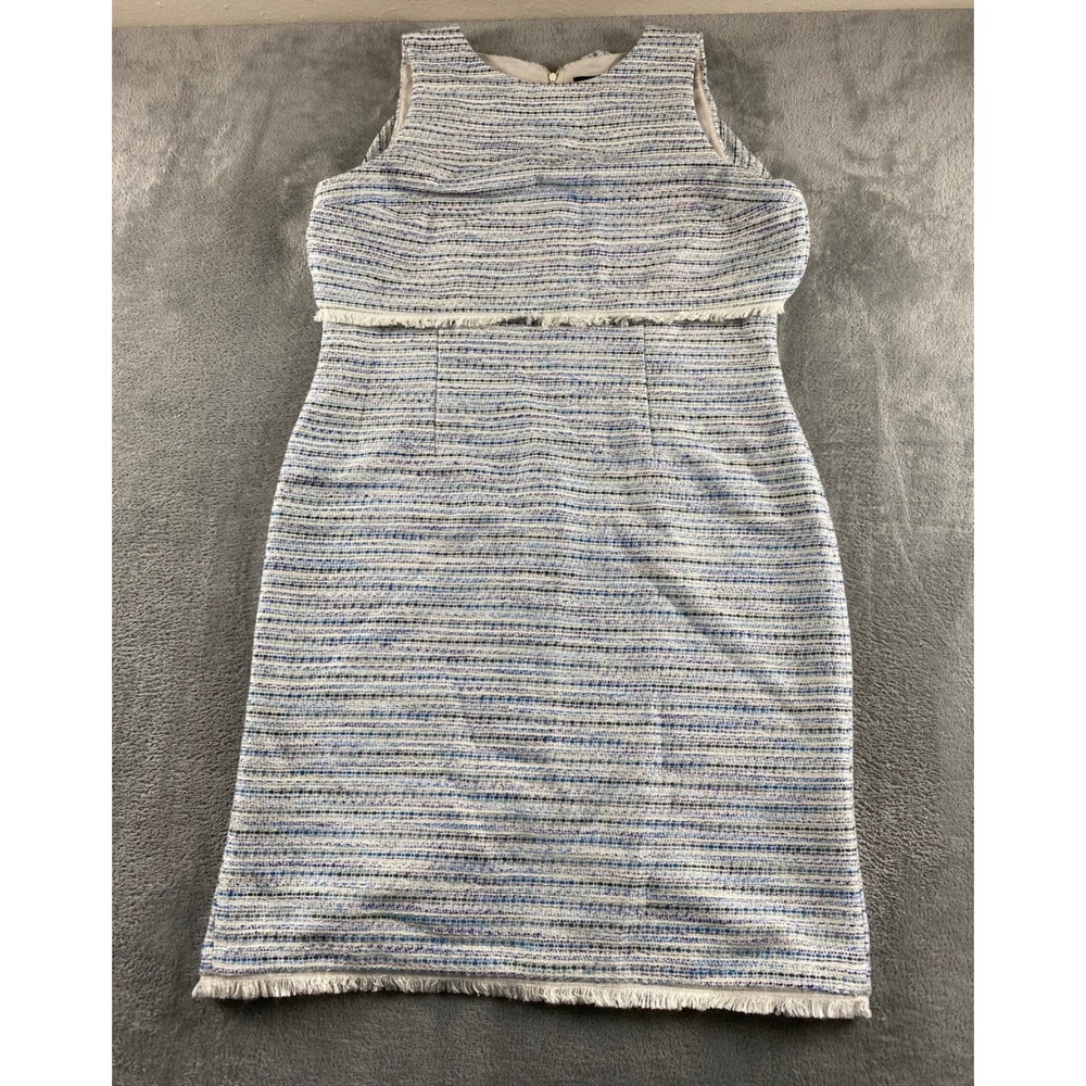 Ann Taylor Factory Blue White Tweed Fringe Sheath Dress 14 NWT 22465894